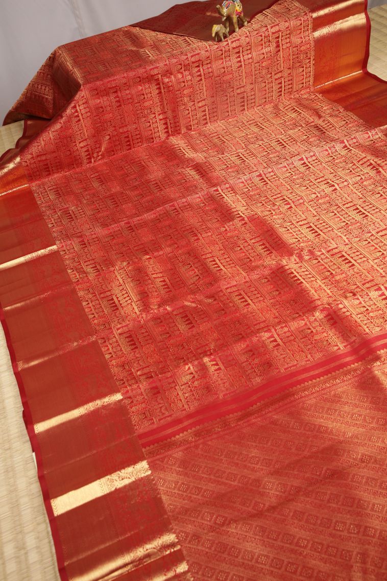 Candy Red Kanchipuram Silk Sarees with Gold Zari Floral Patterns view 2