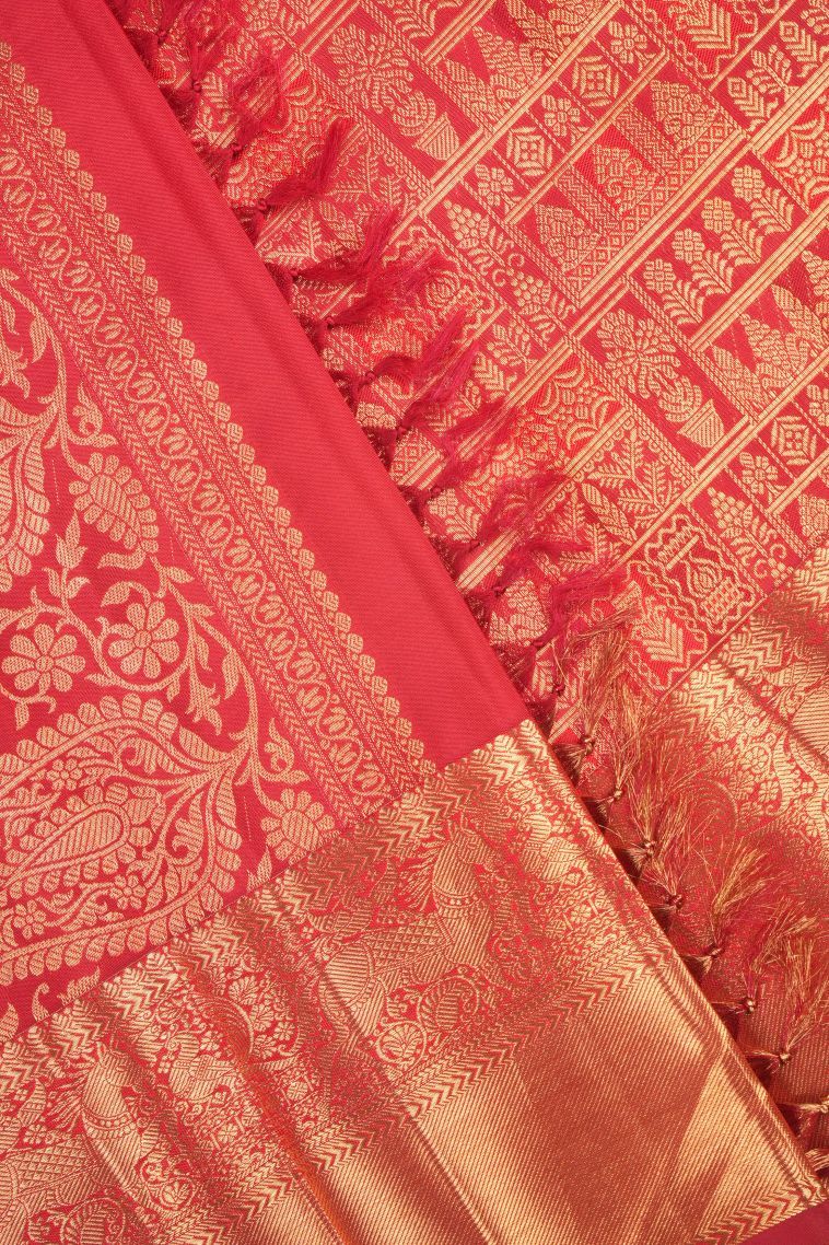 Candy Red Kanchipuram Silk Sarees with Gold Zari Floral Patterns view 4