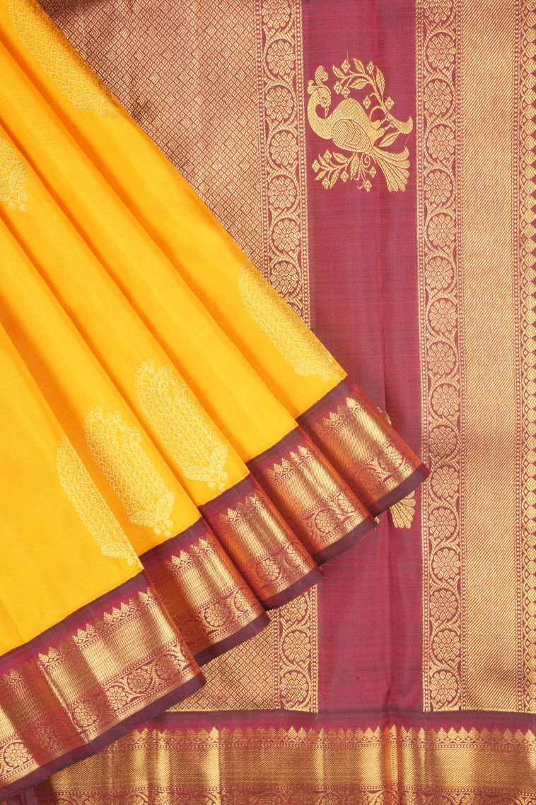 Lemon Yellow Kanchipuram Silk Sarees with Gold Zari Buttis (small Dots Or Motifs) view 1