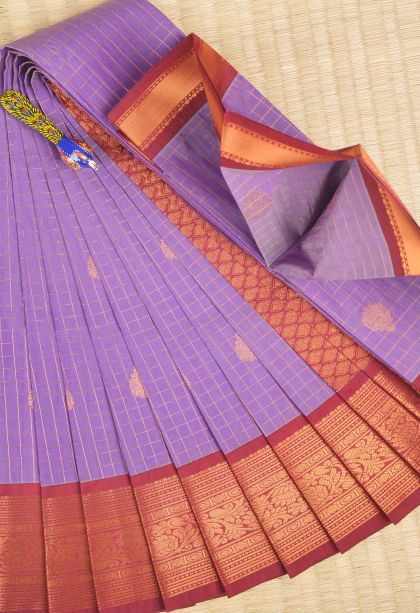 Amethyst Purple Visiri Madippu Silk Sarees with Copper Zari Checks