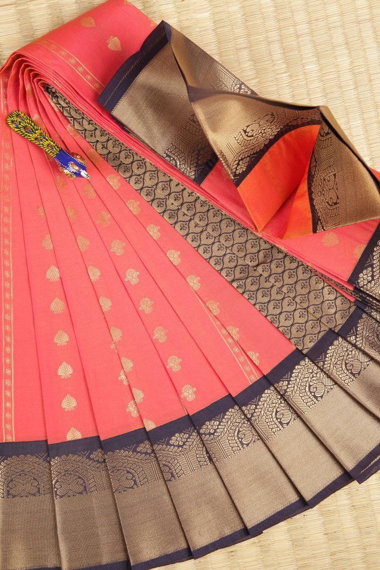 Peach Pink Visiri Madippu Silk Sarees with Copper Zari Stripes view 1