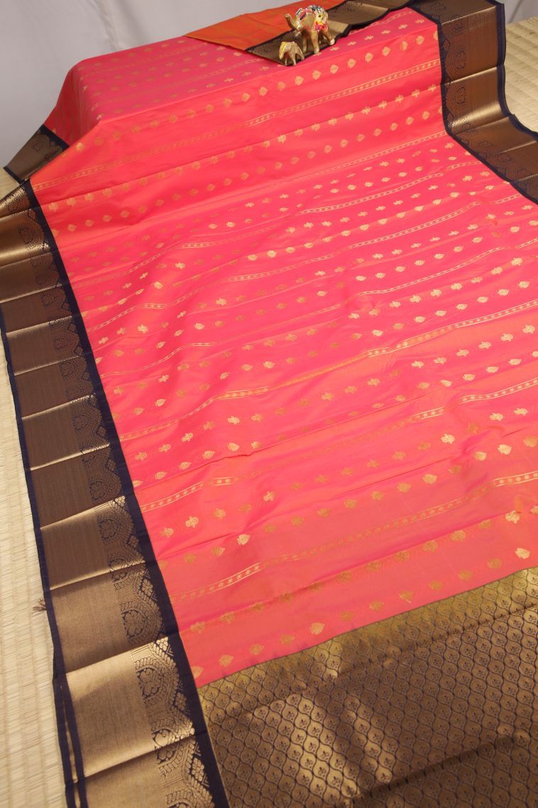 Peach Pink Visiri Madippu Silk Sarees with Copper Zari Stripes view 2