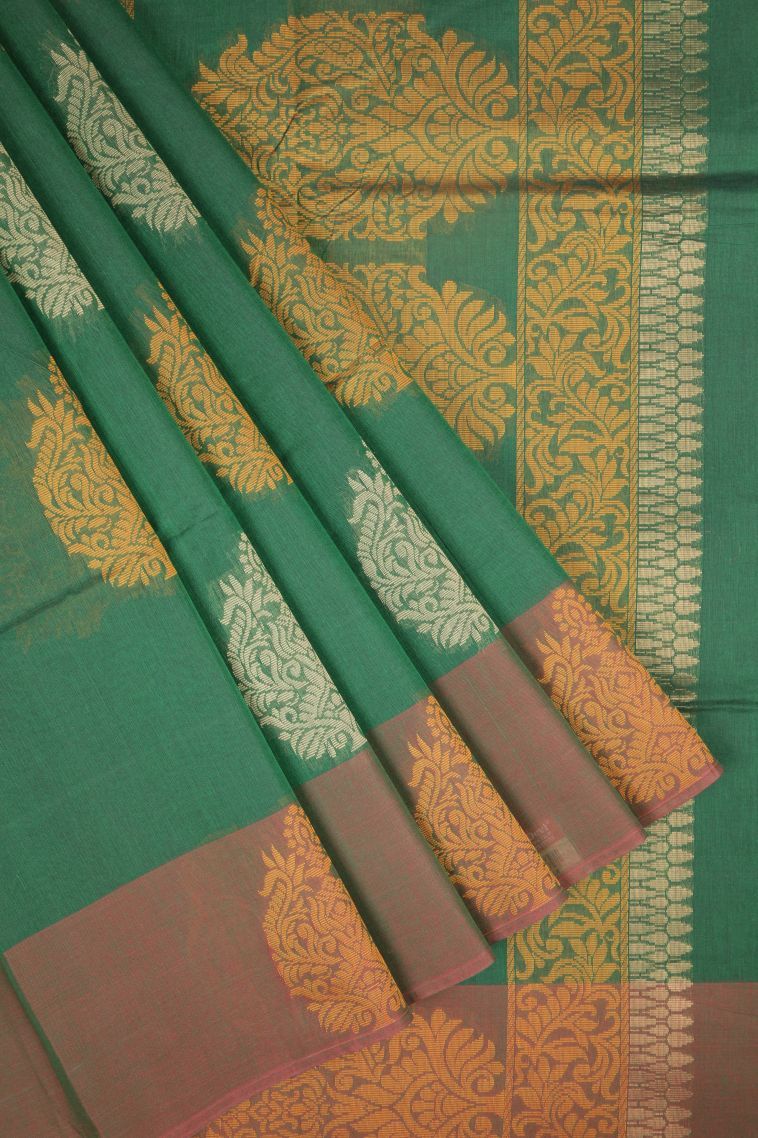 Basil Green Kovai Cotton Sarees with Without Zari Zari Buttis (small Dots Or Motifs) view 1