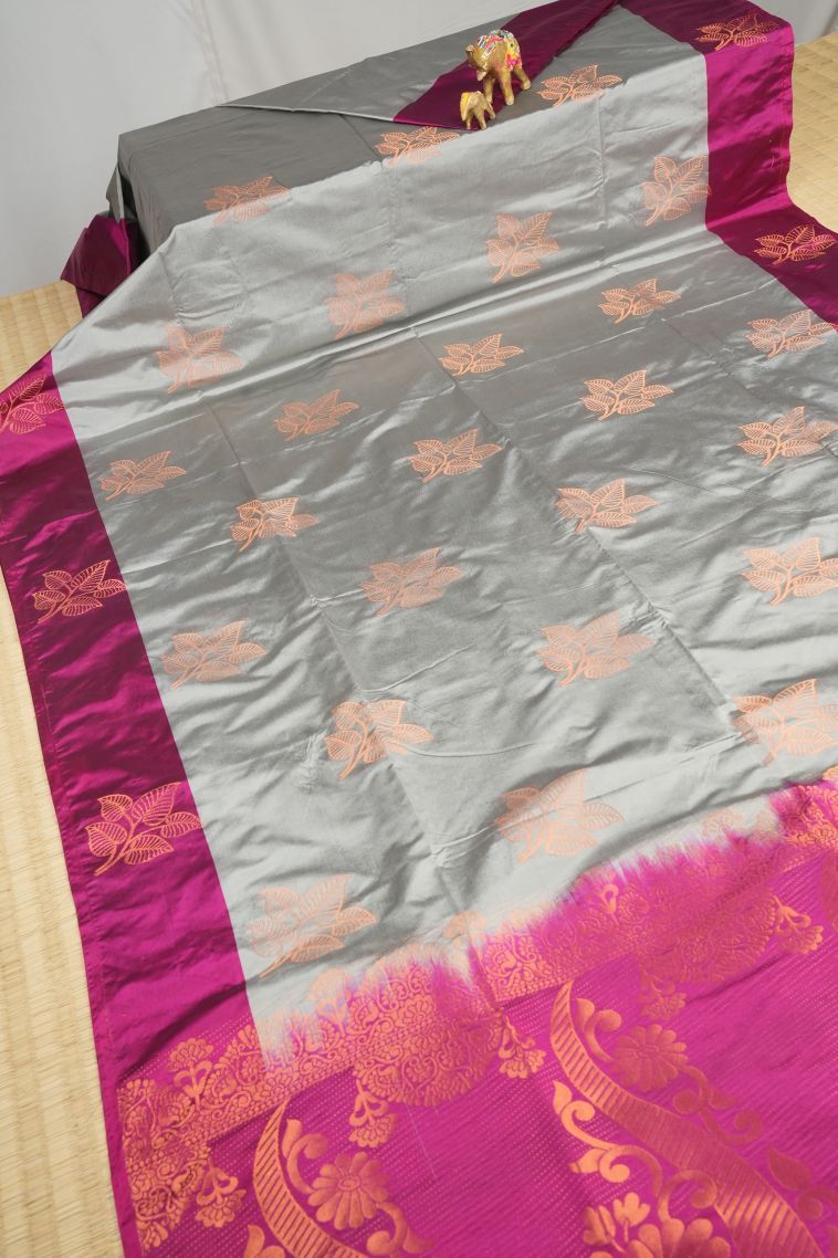Gray Black Soft Silk Saree with Copper Zari Buttis (small Dots Or Motifs) view 2