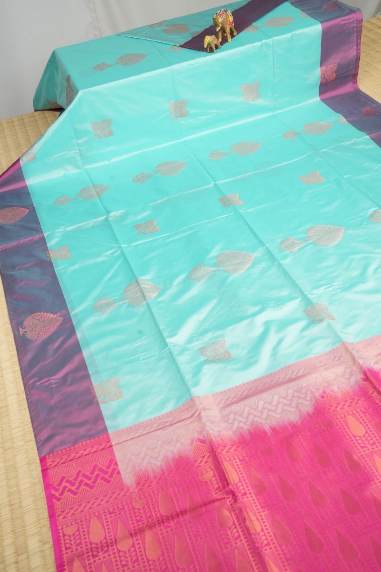 Arctic Blue Soft Silk Saree with Copper Zari Buttis (small Dots Or Motifs) view 2