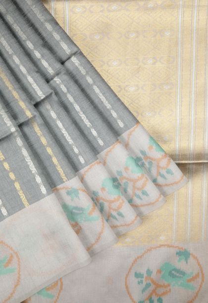 Slate Blue Tussar Saree with Gold And Silver Zari Stripes
