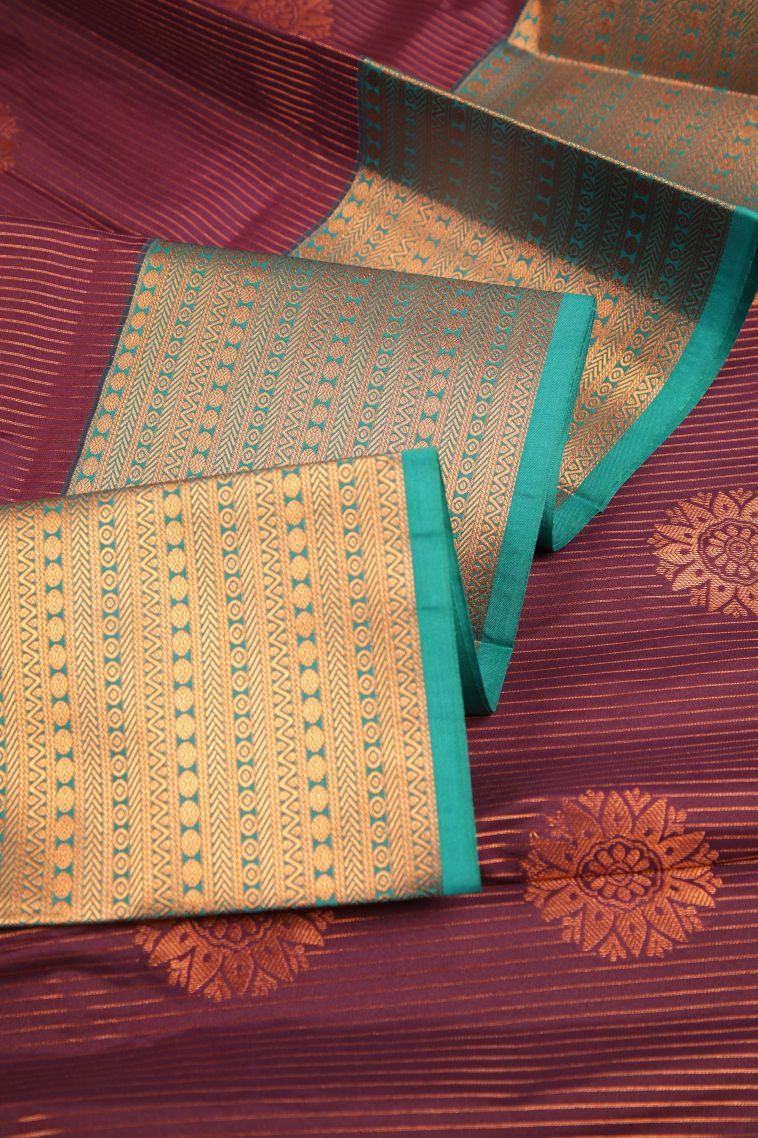 Jam Purple Visiri Madippu Silk Sarees with Copper Zari Stripes view 4