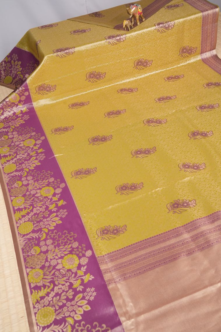 Gold Tissue Silk Sarees with Copper Zari Floral Patterns view 2