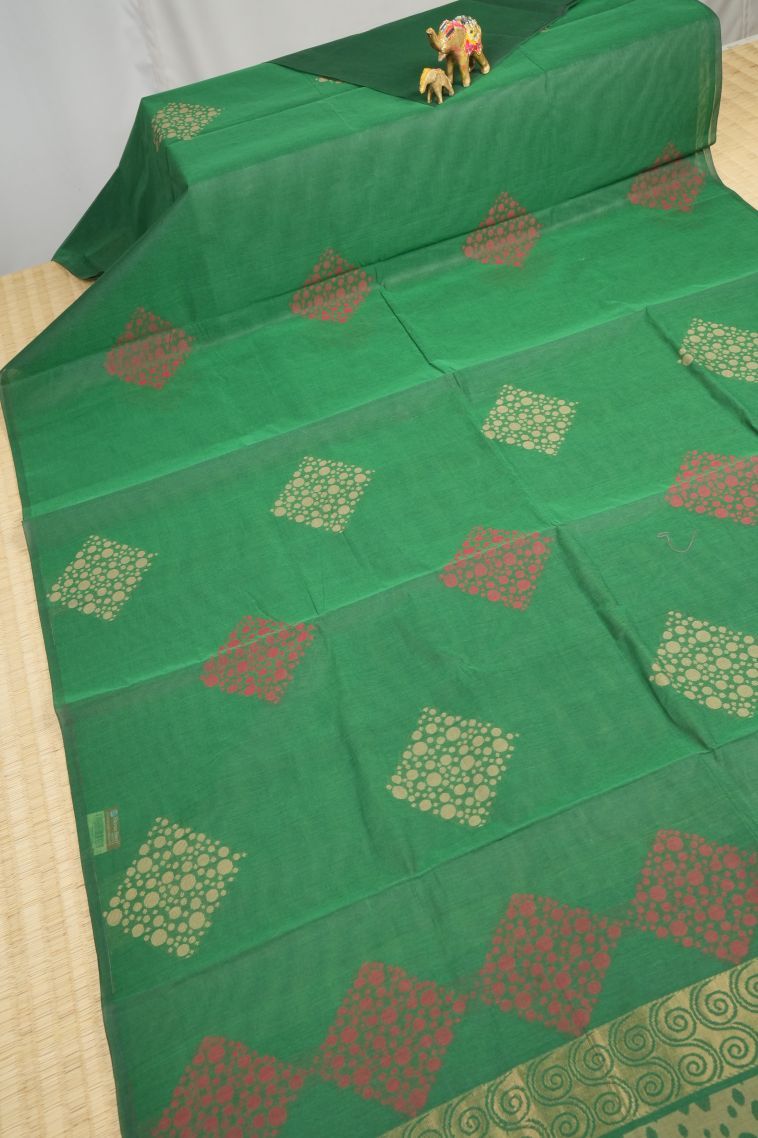 Emerald Green Kovai Cotton Sarees with Without Zari Zari Buttis (small Dots Or Motifs) view 2
