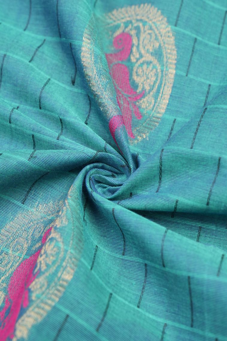 Cerulean Blue Kovai Cotton Sarees with Without Zari Zari Buttis (small Dots Or Motifs) view 4