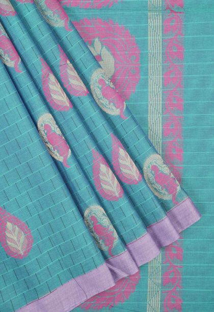 Cerulean Blue Kovai Cotton Sarees with Without Zari Zari Buttis (small Dots Or Motifs)