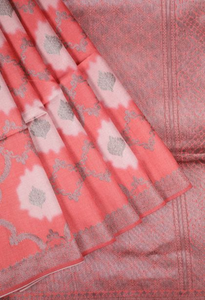 Punch Pink Tussar Saree with Bronze Zari Floral Patterns