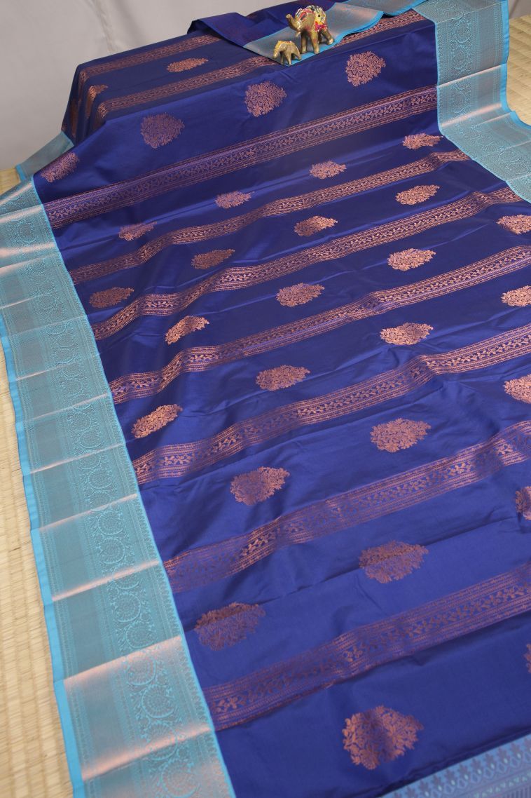 Admiral Blue Visiri Madippu Silk Sarees with Copper Zari Stripes view 2