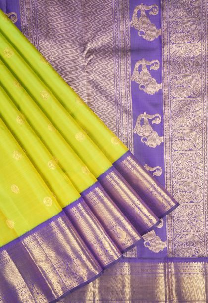 Chartreuse Green Kanchipuram Silk Sarees with Gold Zari Buttis (small Dots Or Motifs)