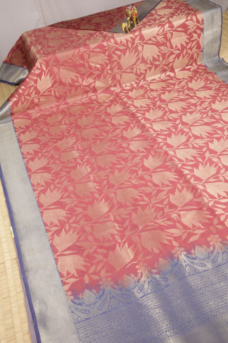 Rouge Pink Tussar Saree with Gold Zari Floral Patterns view 2