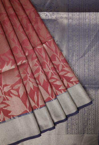 Rouge Pink Tussar Saree with Gold Zari Floral Patterns