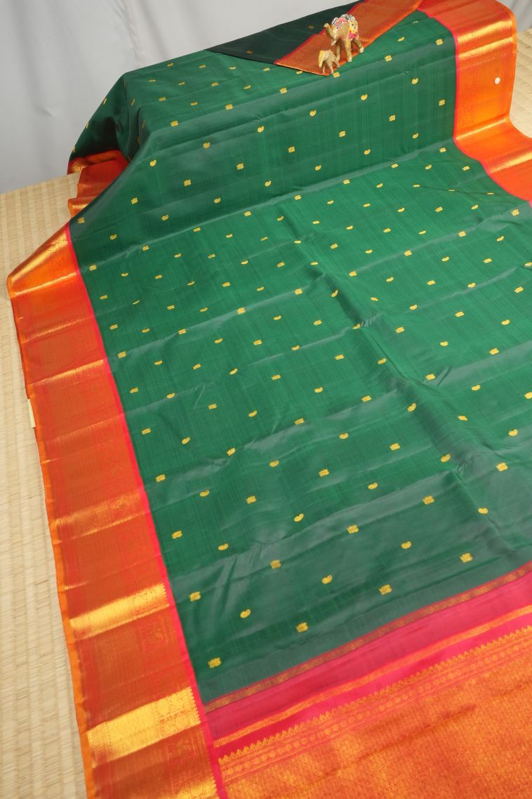 Bottle Green Kanchipuram Silk Sarees with Gold Zari Buttis (small Dots Or Motifs) view 2
