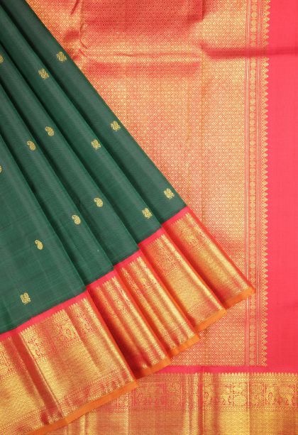 Bottle Green Kanchipuram Silk Sarees with Gold Zari Buttis (small Dots Or Motifs)
