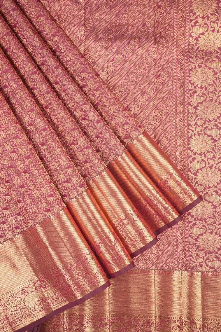 Cherry  Red Kanchipuram Silk Sarees with Gold Zari Animal And Bird Motifs view 1