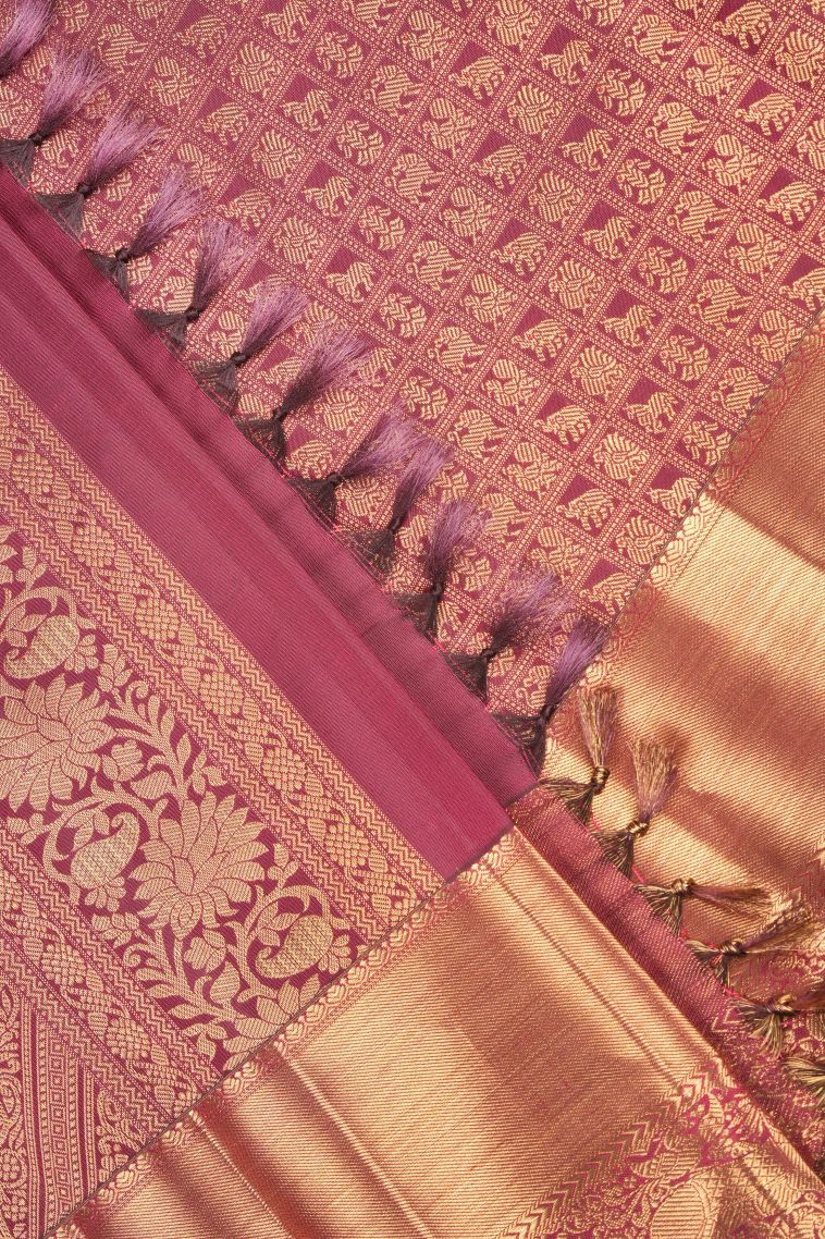 Cherry  Red Kanchipuram Silk Sarees with Gold Zari Animal And Bird Motifs view 4