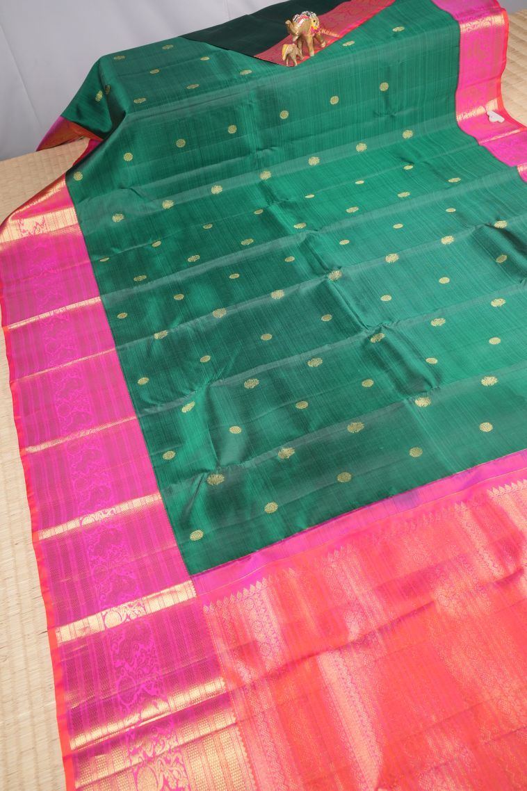 Basil Green Kanchipuram Silk Sarees with Gold Zari Buttis (small Dots Or Motifs) view 2