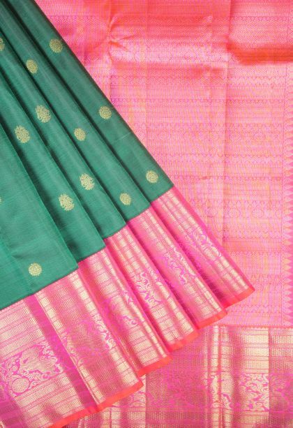 Basil Green Kanchipuram Silk Sarees with Gold Zari Buttis (small Dots Or Motifs)