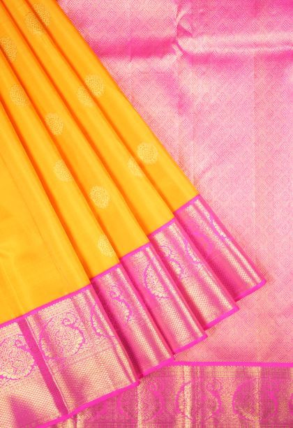 Lemon Yellow Kanchipuram Silk Sarees with Gold Zari Buttis (small Dots Or Motifs)