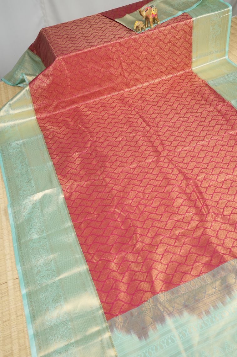 Apple Red Samudrika Pattu with Copper Zari Floral Patterns view 2