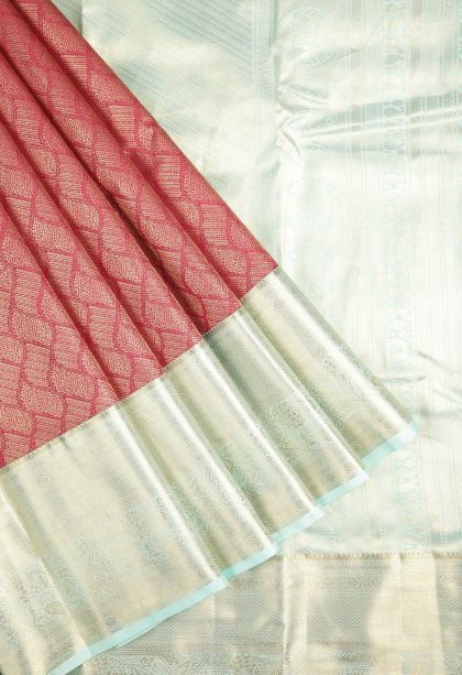 Apple Red Samudrika Pattu with Copper Zari Floral Patterns