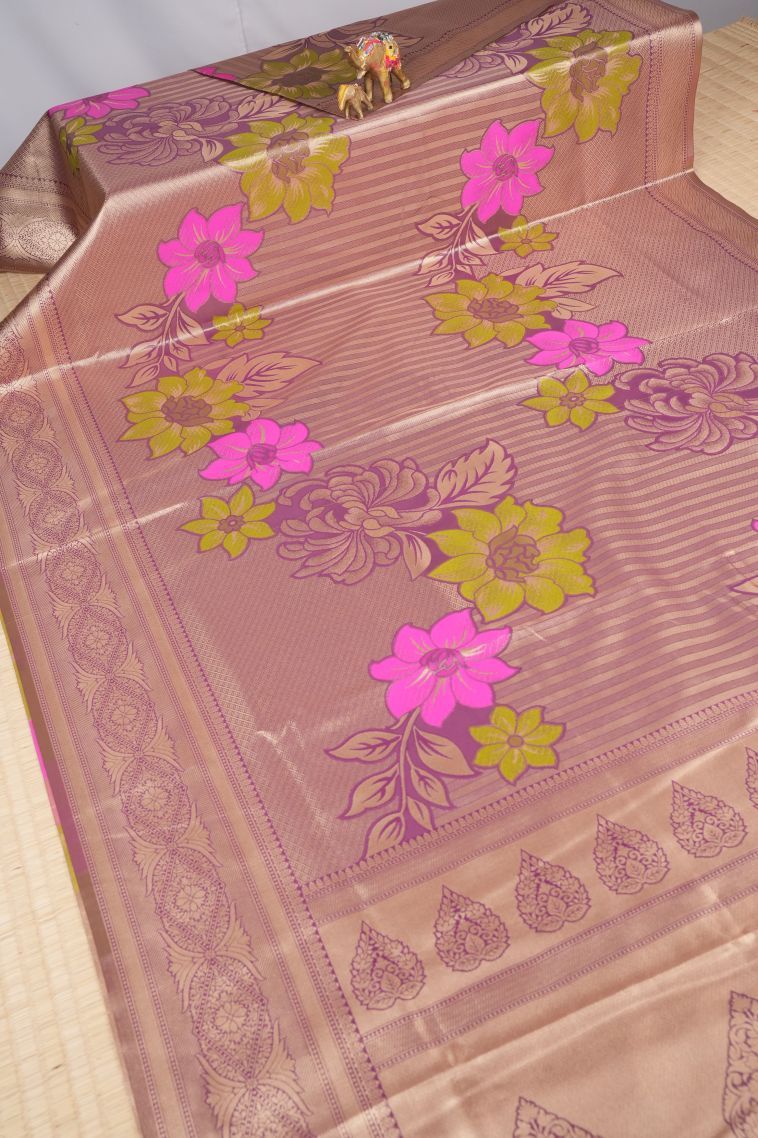Lilac Purple Tissue Silk Sarees with Copper Zari Floral Patterns view 2