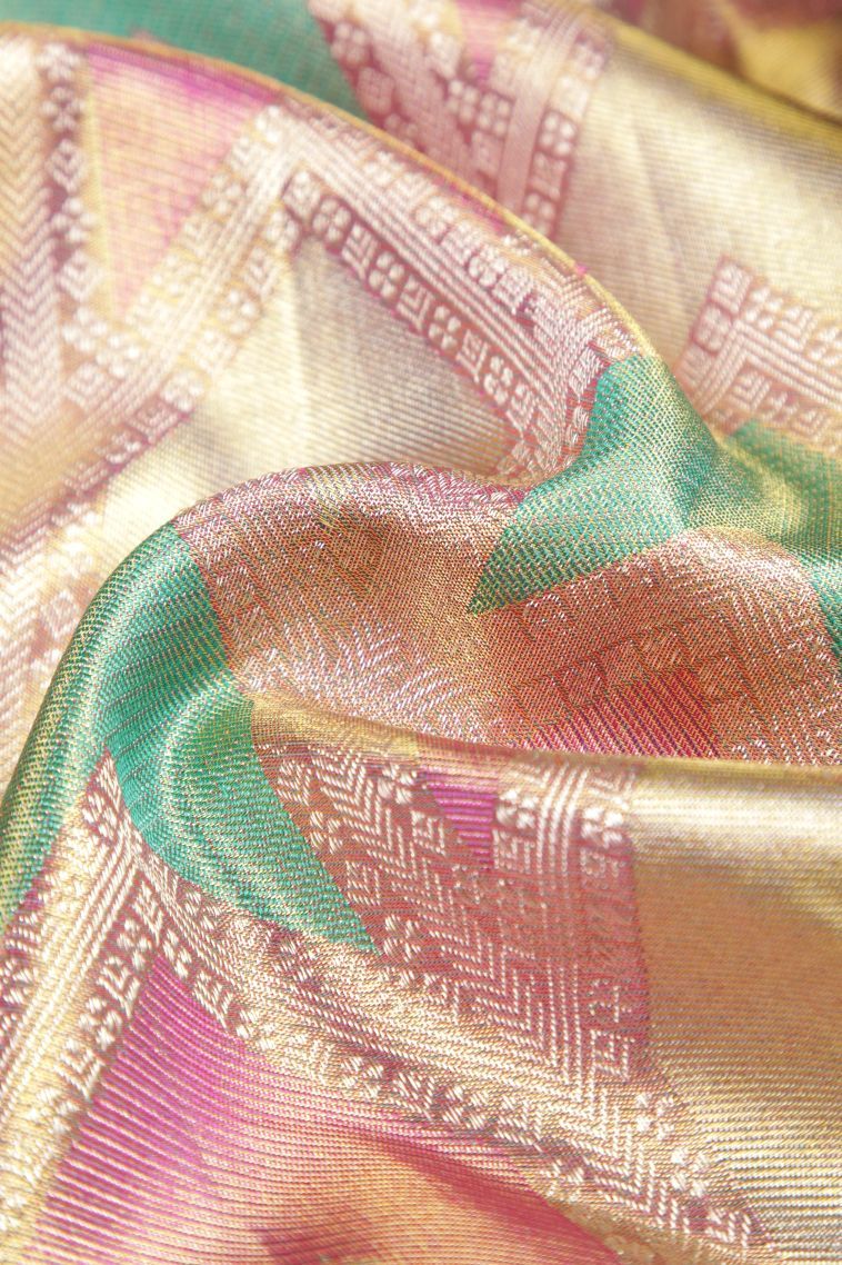 Gold Kanchipuram Silk Sarees with Gold Zari Geometric Shapes view 4