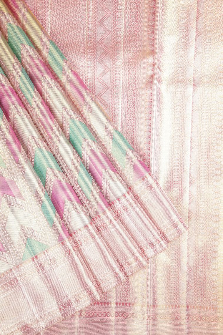 Gold Kanchipuram Silk Sarees with Gold Zari Geometric Shapes view 1