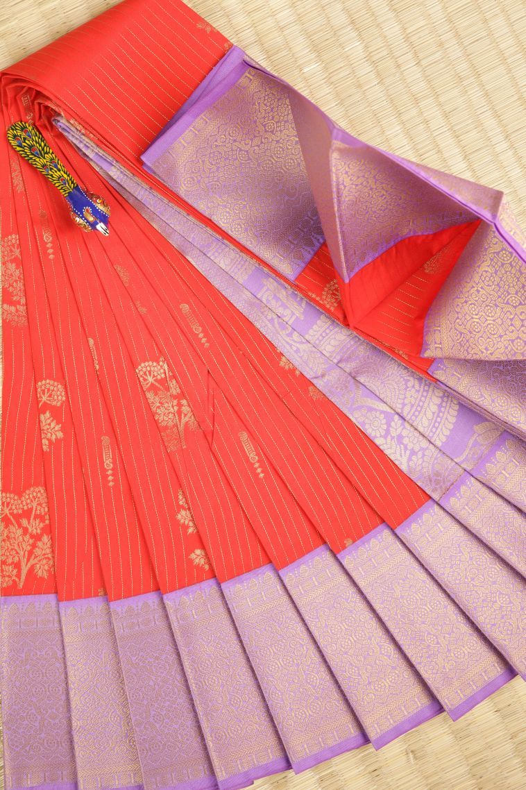 Tiger Orange Visiri Madippu Silk Sarees with Copper Zari Stripes view 1