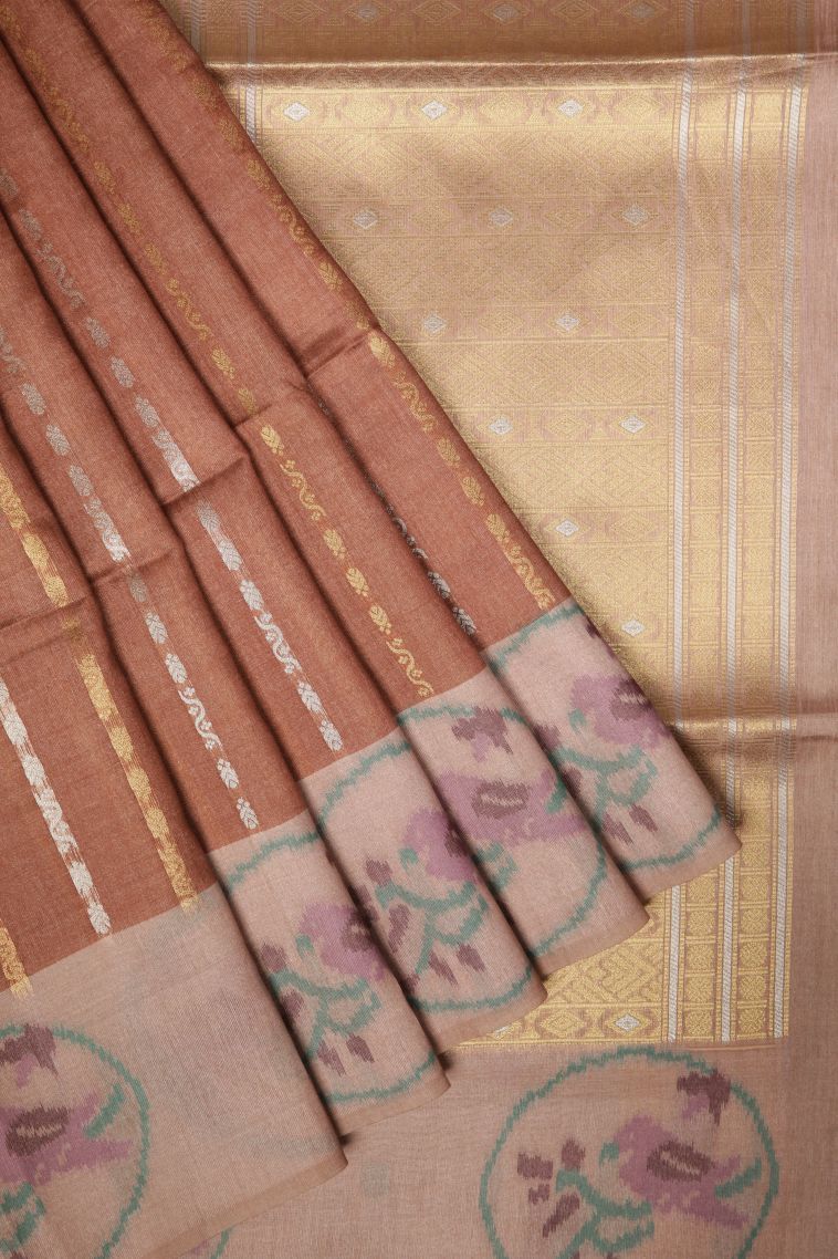 Bronze Orange Tussar Saree with Gold And Silver Zari Stripes view 1