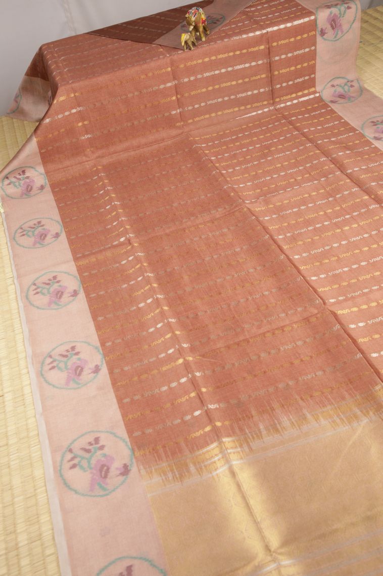 Bronze Orange Tussar Saree with Gold And Silver Zari Stripes view 2