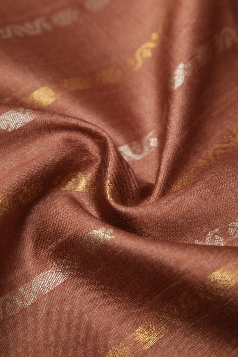 Bronze Orange Tussar Saree with Gold And Silver Zari Stripes view 4