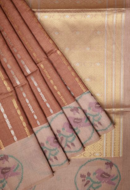 Bronze Orange Tussar Saree with Gold And Silver Zari Stripes
