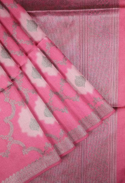 Peach Pink Tussar Saree with Bronze Zari Floral Patterns