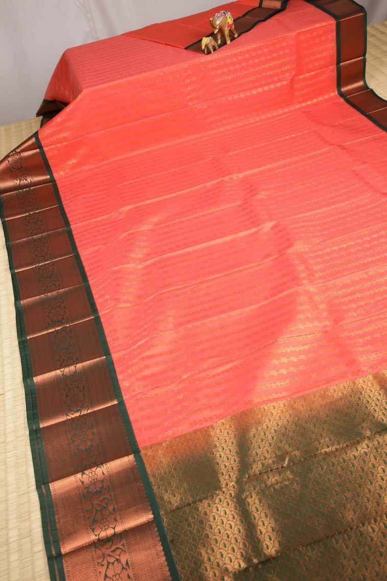 Coral Pink Visiri Madippu Silk Sarees with Copper Zari Stripes view 2
