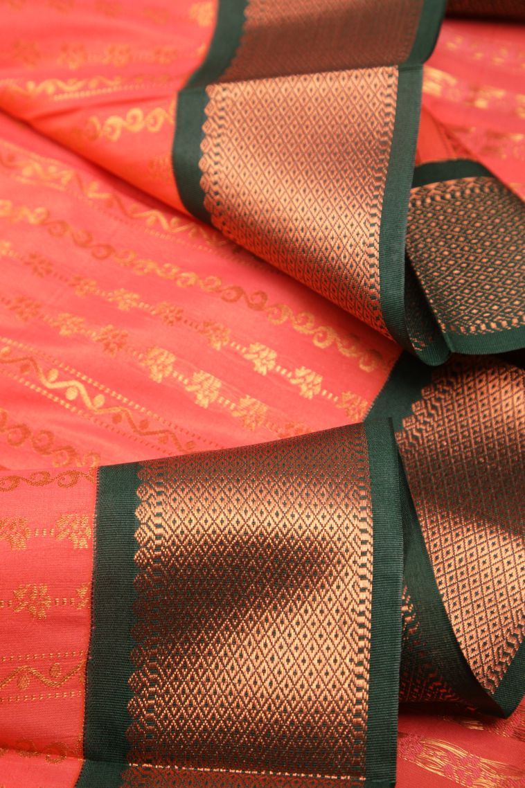Coral Pink Visiri Madippu Silk Sarees with Copper Zari Stripes view 4