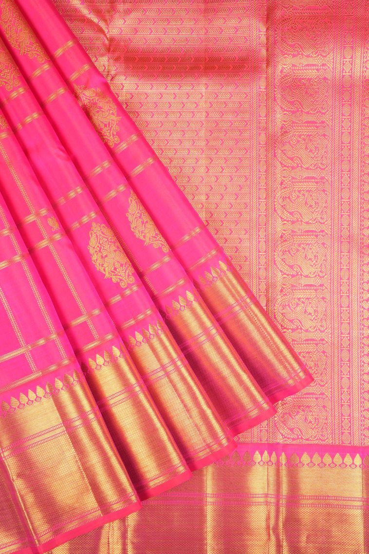 Strawberry Pink Kanchipuram Silk Sarees with Gold Zari Checks view 1