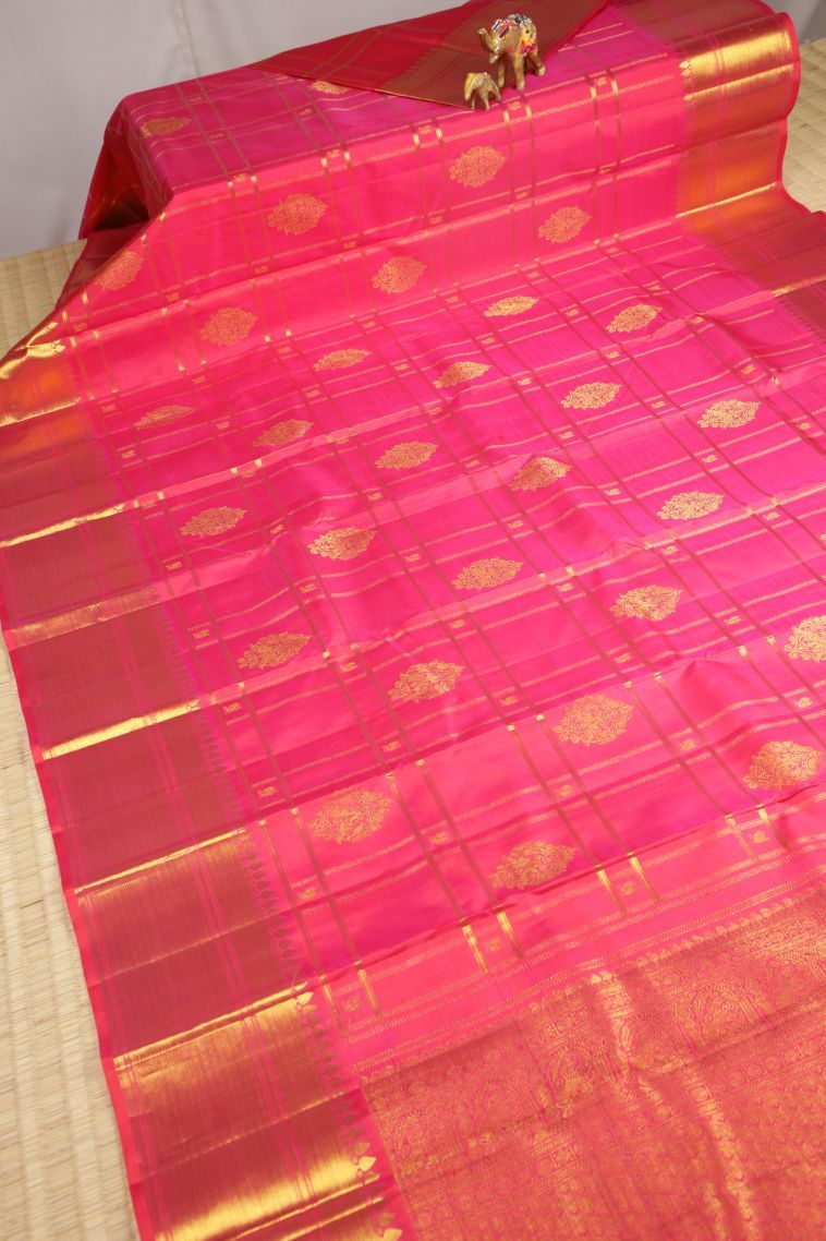 Strawberry Pink Kanchipuram Silk Sarees with Gold Zari Checks view 2
