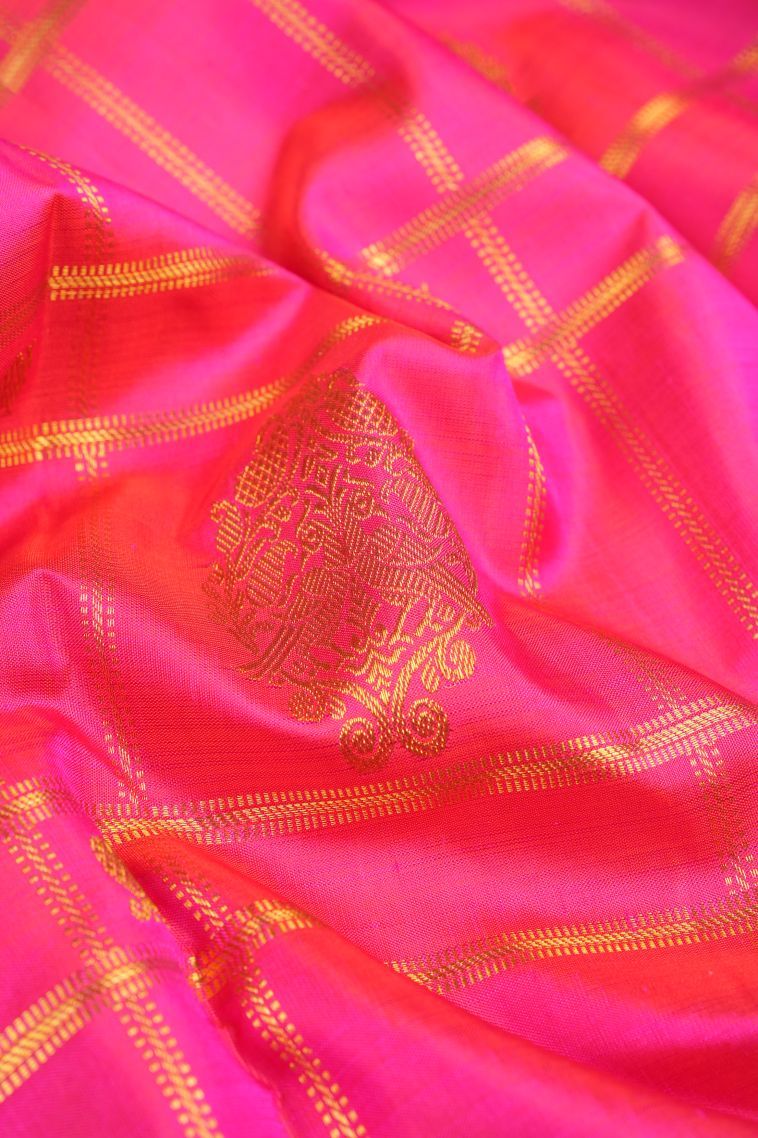 Strawberry Pink Kanchipuram Silk Sarees with Gold Zari Checks view 4