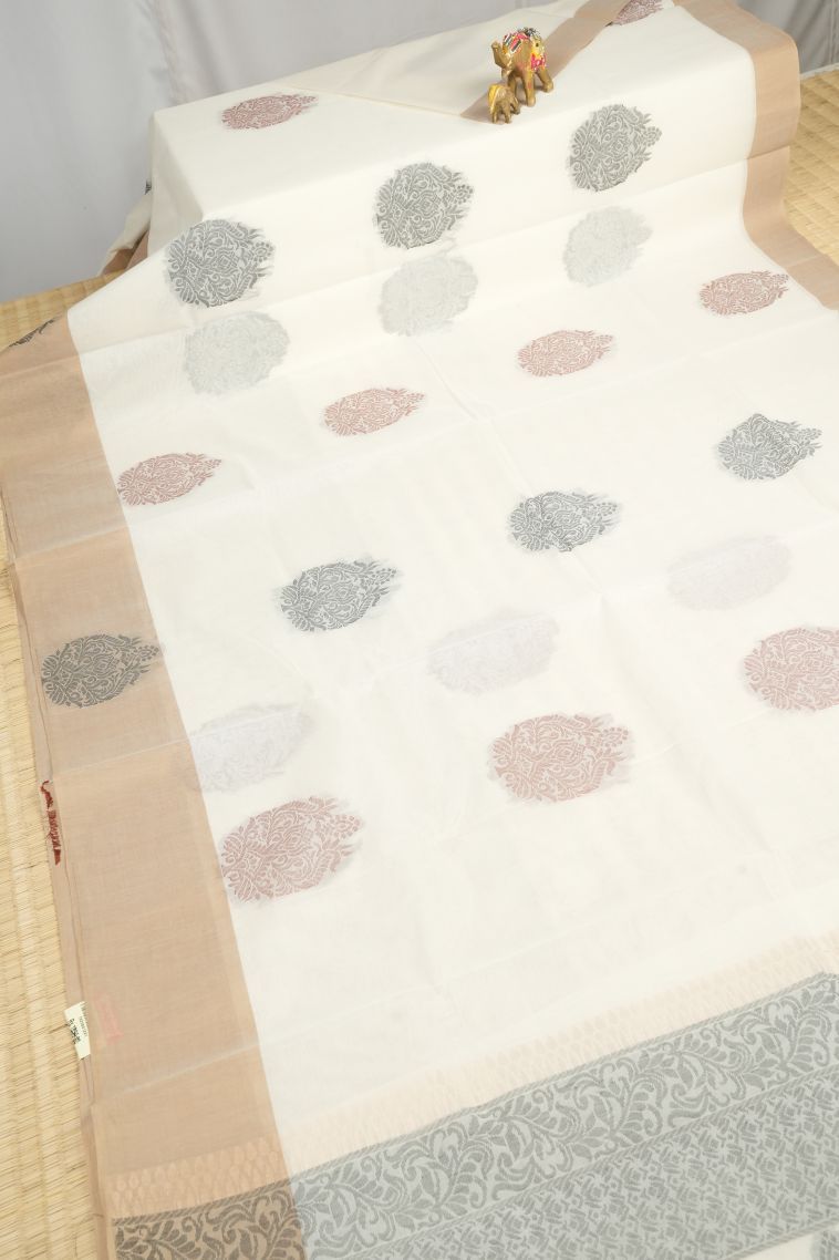 Porcelain White Kovai Cotton Sarees with Without Zari Zari Buttis (small Dots Or Motifs) view 2