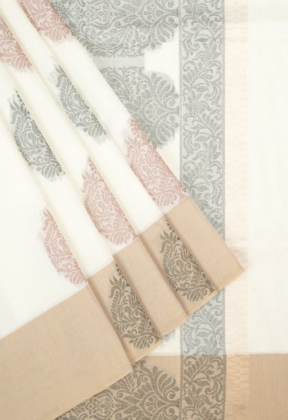 Porcelain White Kovai Cotton Sarees with Without Zari Zari Buttis (small Dots Or Motifs)