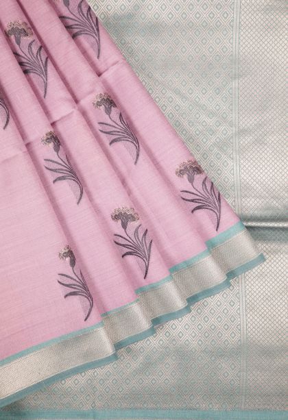 Blush Pink Tussar Saree with Without Zari Zari Buttis (small Dots Or Motifs)