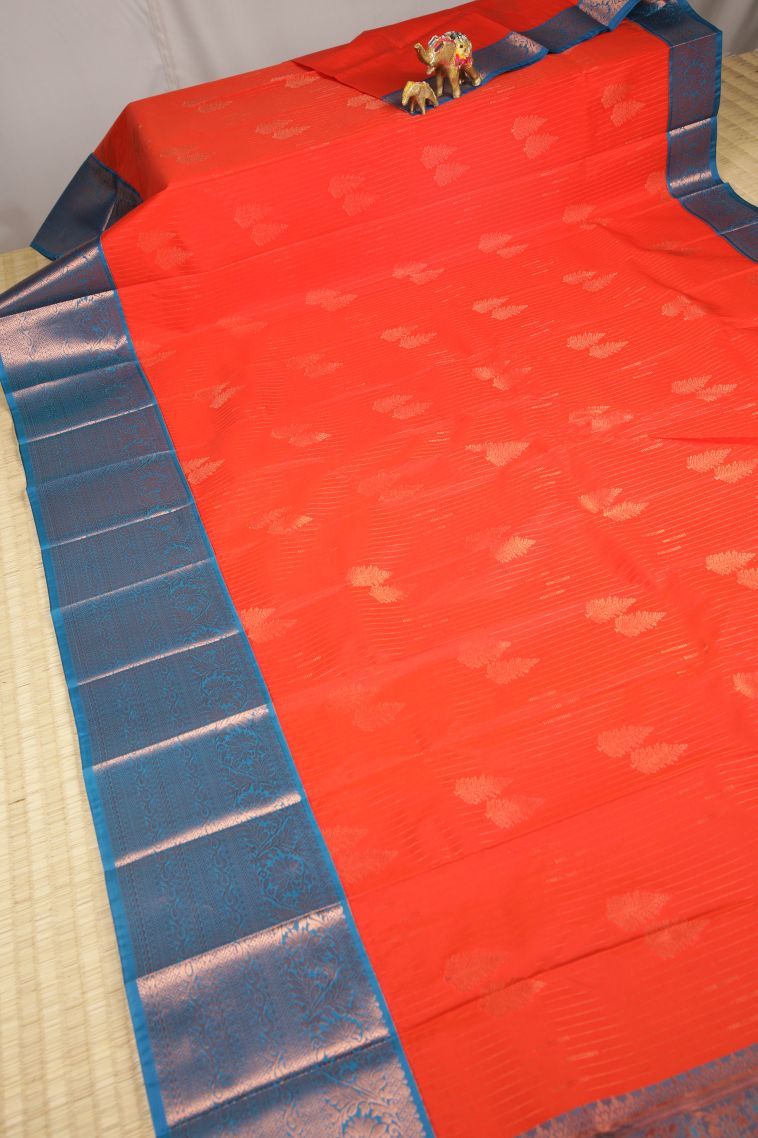 Clay Orange Visiri Madippu Silk Sarees with Copper Zari Stripes view 2
