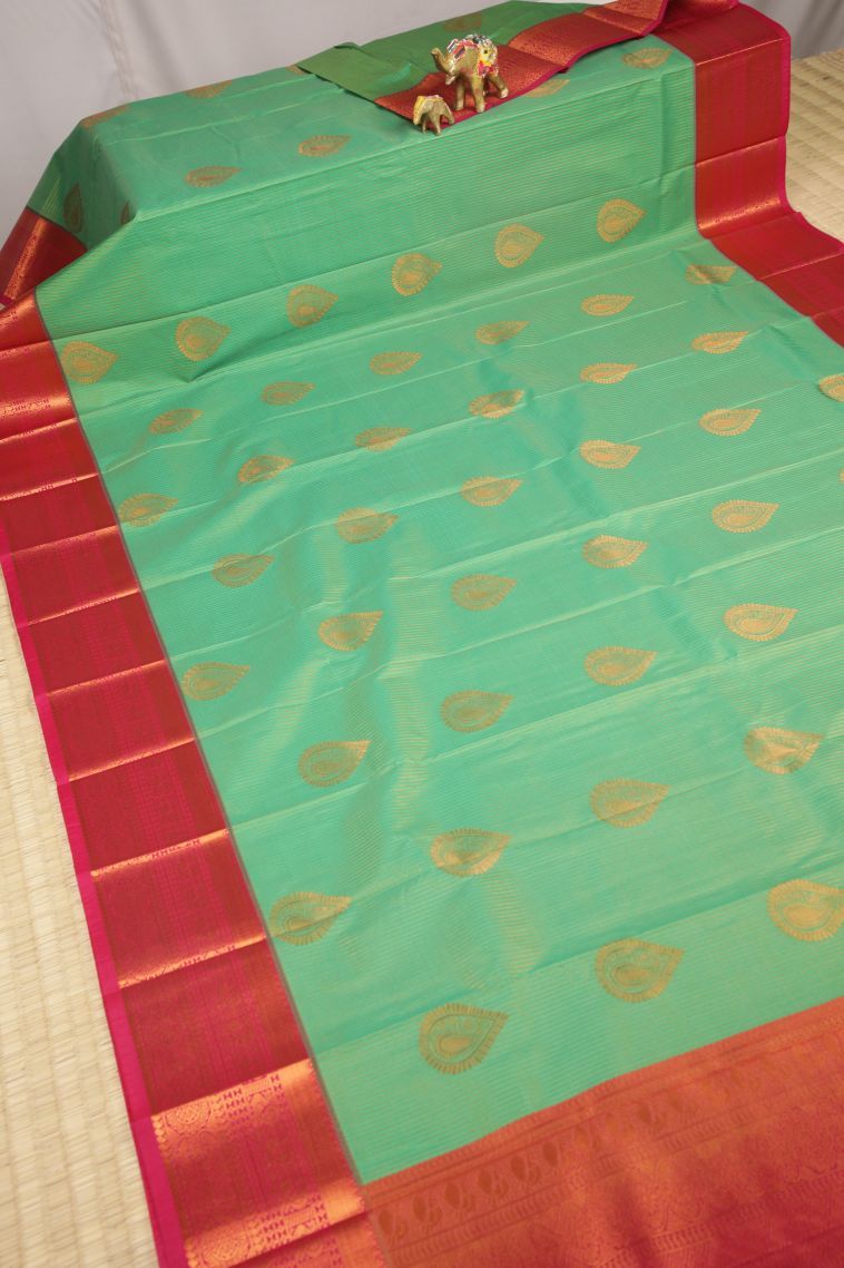 Mint Green Visiri Madippu Silk Sarees with Copper Zari Stripes view 2