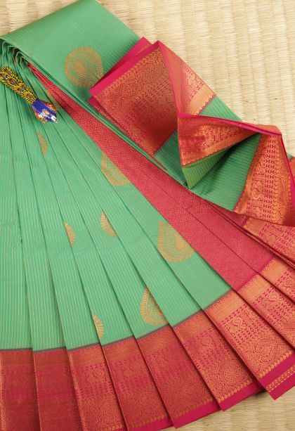 Mint Green Visiri Madippu Silk Sarees with Copper Zari Stripes