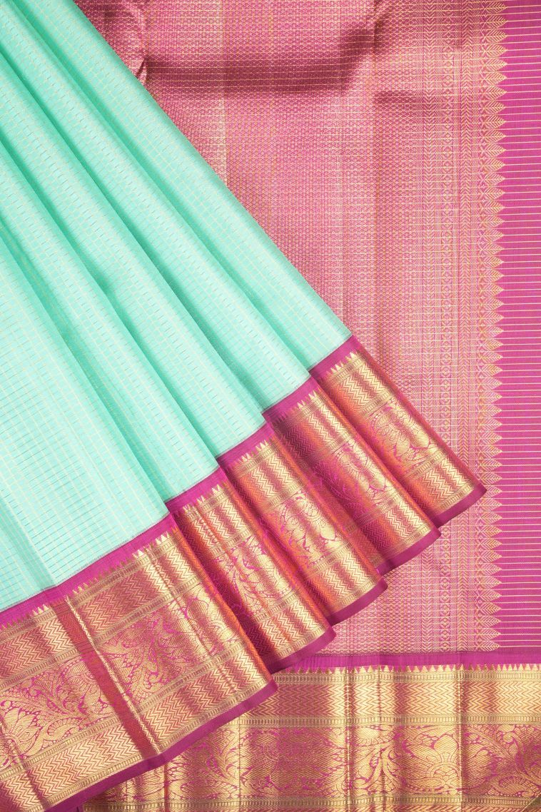 Arctic Blue Kanchipuram Silk Sarees with Gold Zari Checks view 1